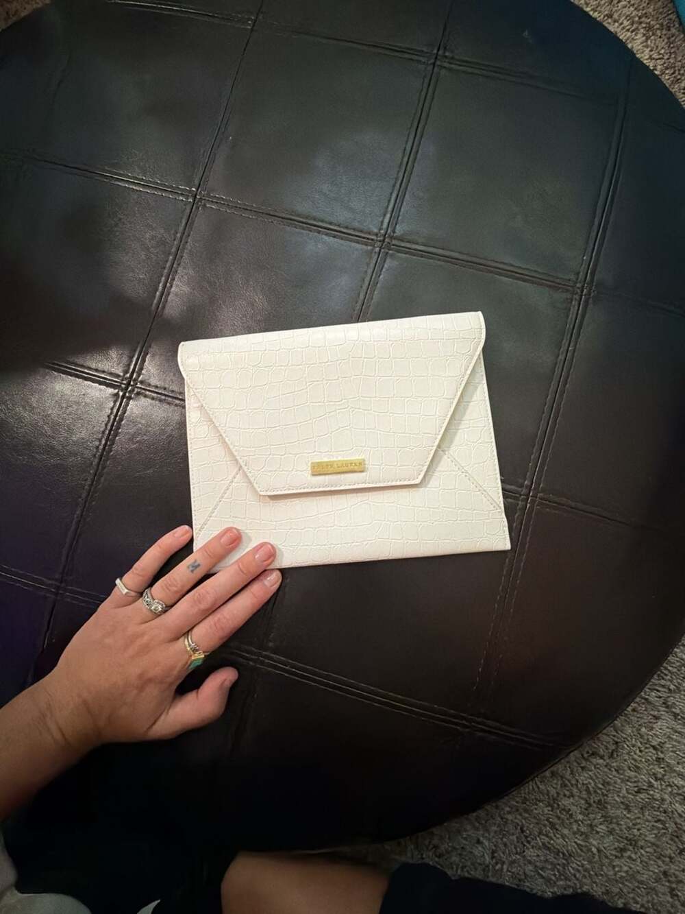 Ralph Lauren White Faux Croc Envelope Clutch Gold Inside trending fall shape